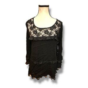 Women’s L Easel Black Lace Mesh Tiered Bell Sleeve Top
